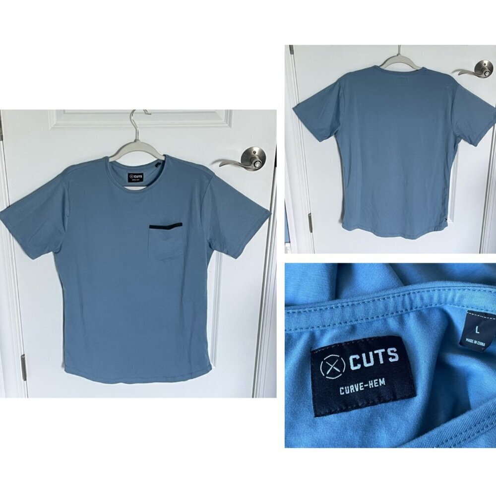 Cuts Crew Curve Hem Blue Short Sleeve Pocket T- T-Shirt- 47055